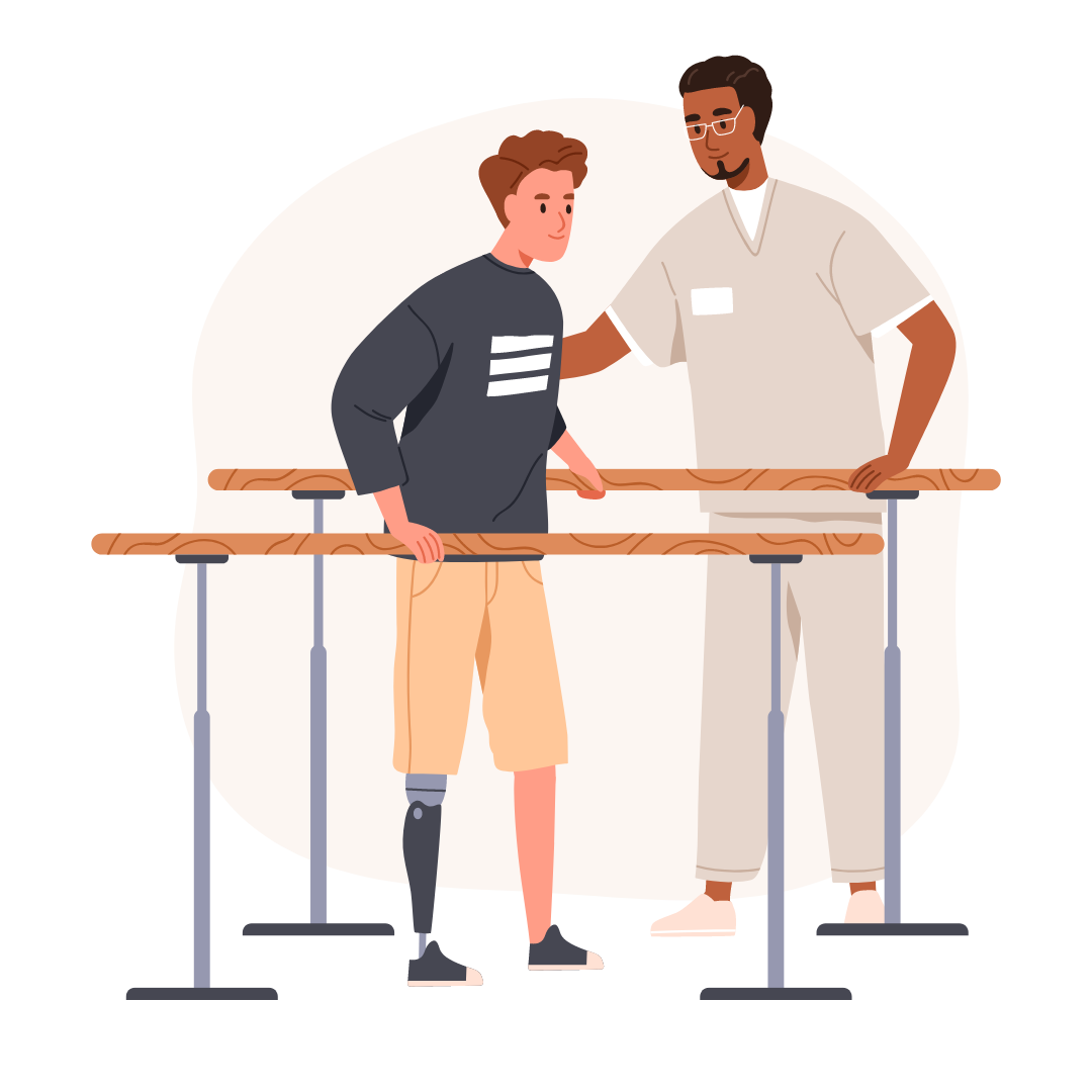 Physiotherapeut unterstützt Patient mit Prothese bei Gehübung