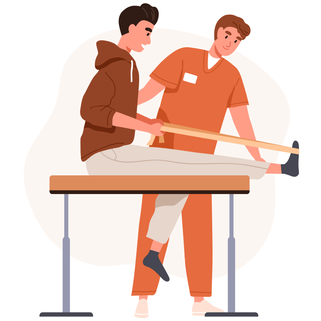 Krankengymnastik mittels manueller Dehnübung des Beins durch Physiotherapeuten